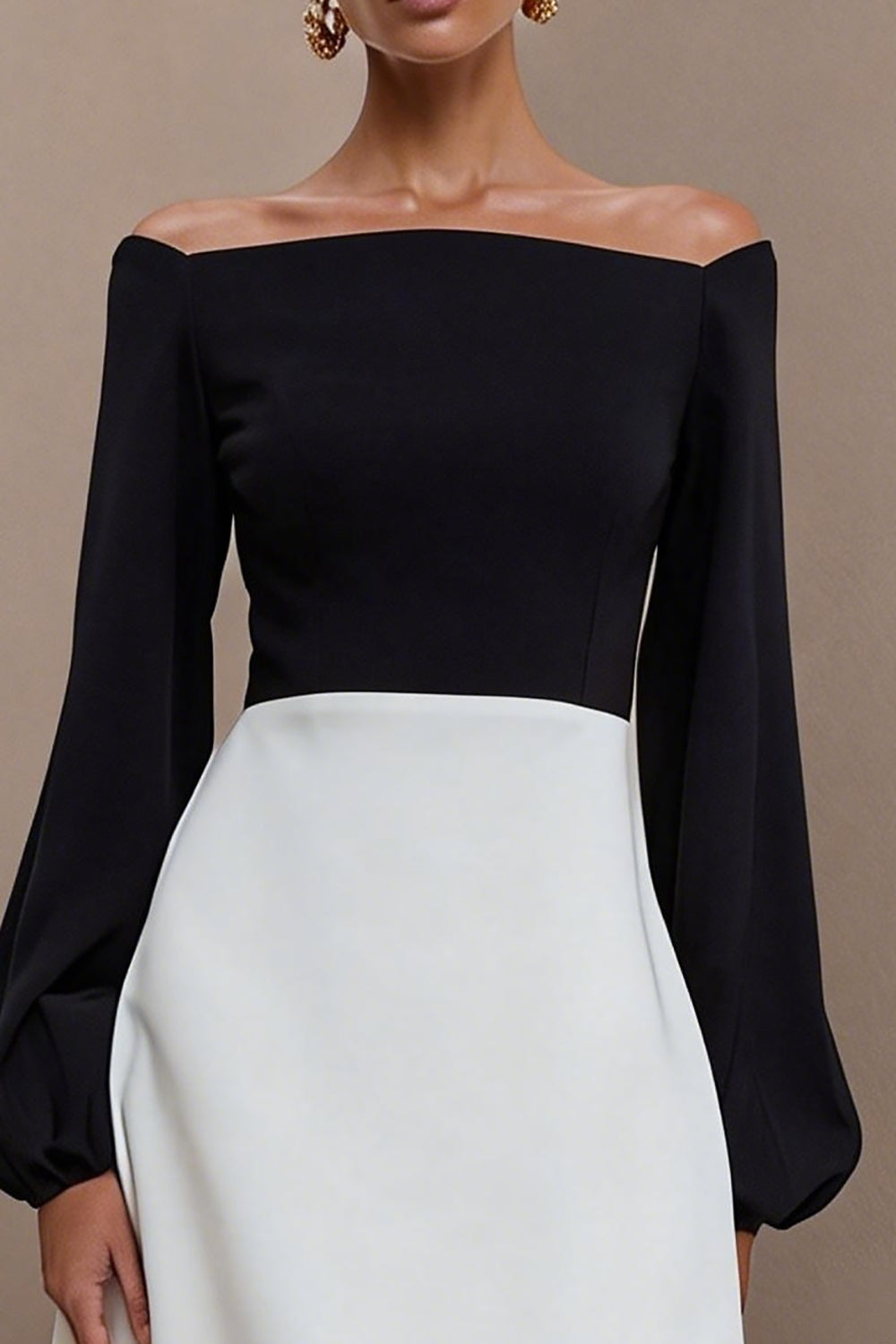 Black and White A Line Off the Shoulder Midi Work Dress with Sleeves