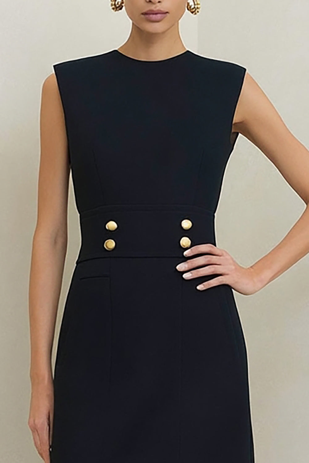 Black Crew Neck Pencil Midi Work Dress with Buttons