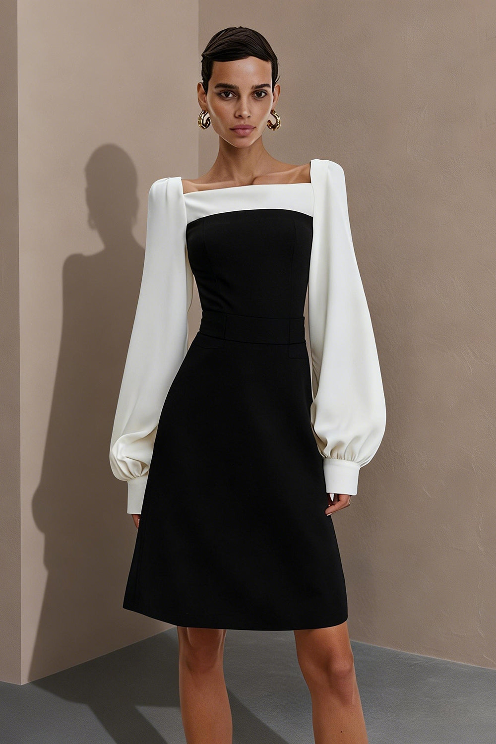 Black and White Short Square Neck Work Dress with Sleeves