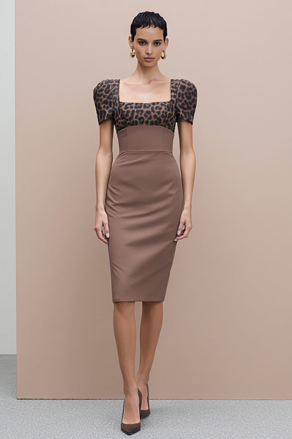 Brown Square Neck Cheetah Print Midi Pencil Work Dress with Sleeves