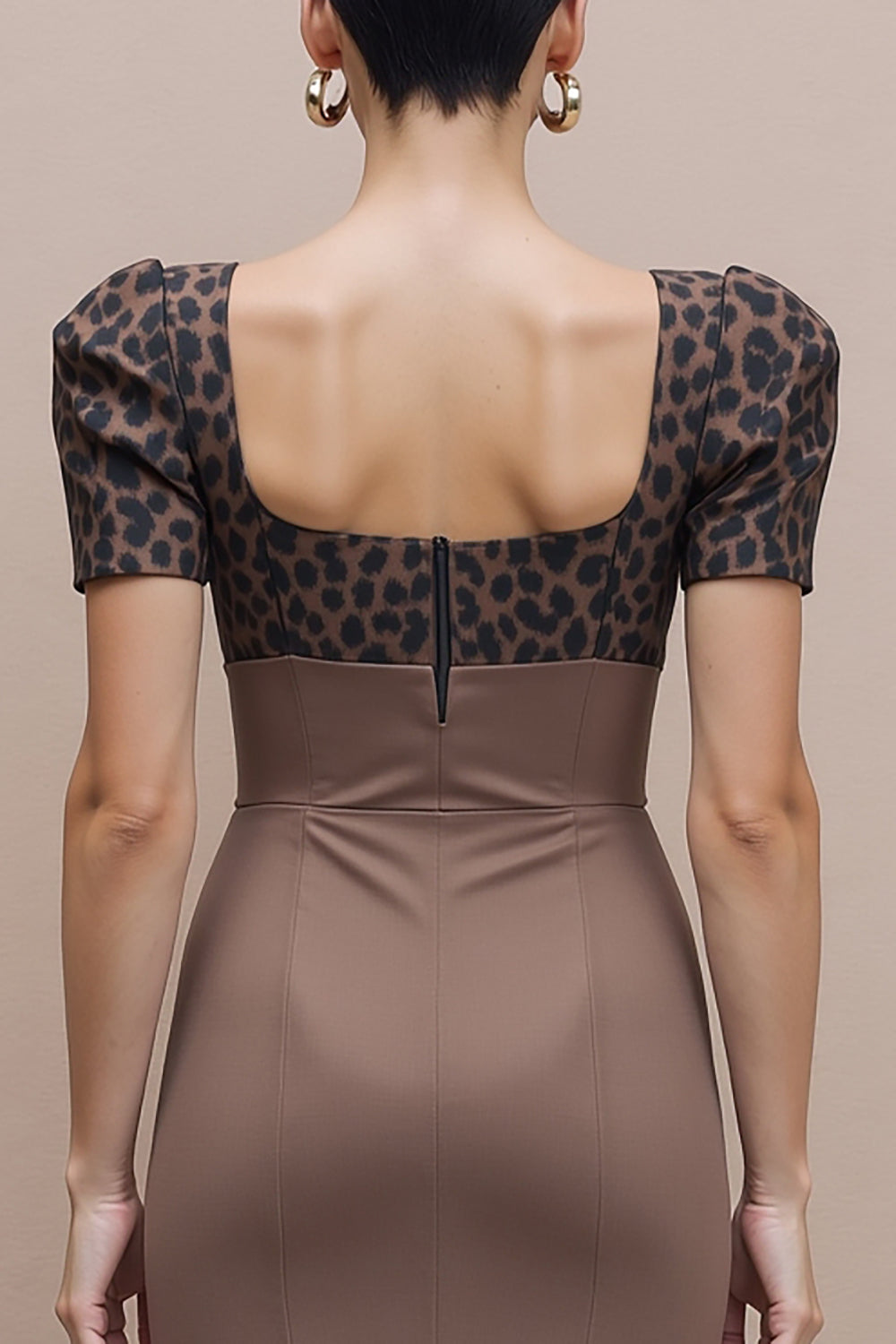 Brown Square Neck Cheetah Print Midi Pencil Work Dress with Sleeves