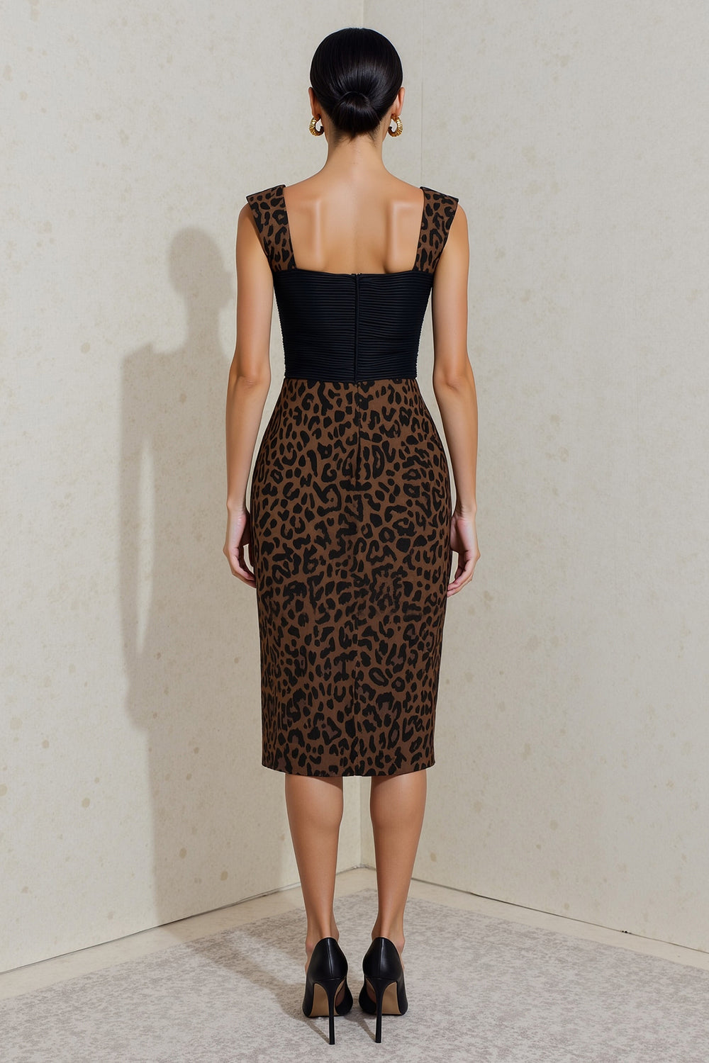 Black and Brown Square Neck Cheetah Print Midi Work Dress