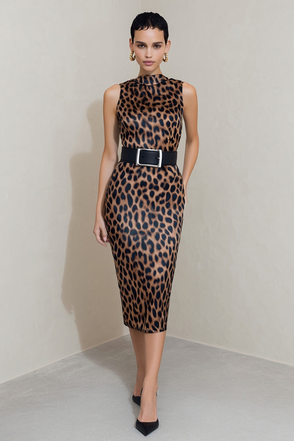 Brown Leopard Print Midi Pencil Work Dress with Belt