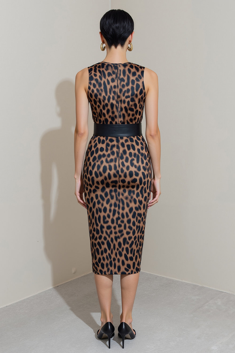 Brown Leopard Print Midi Pencil Work Dress with Belt