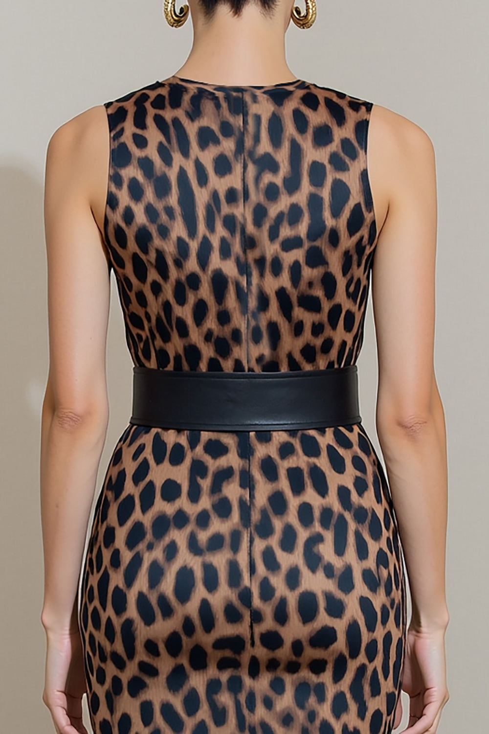 Brown Leopard Print Midi Pencil Work Dress with Belt