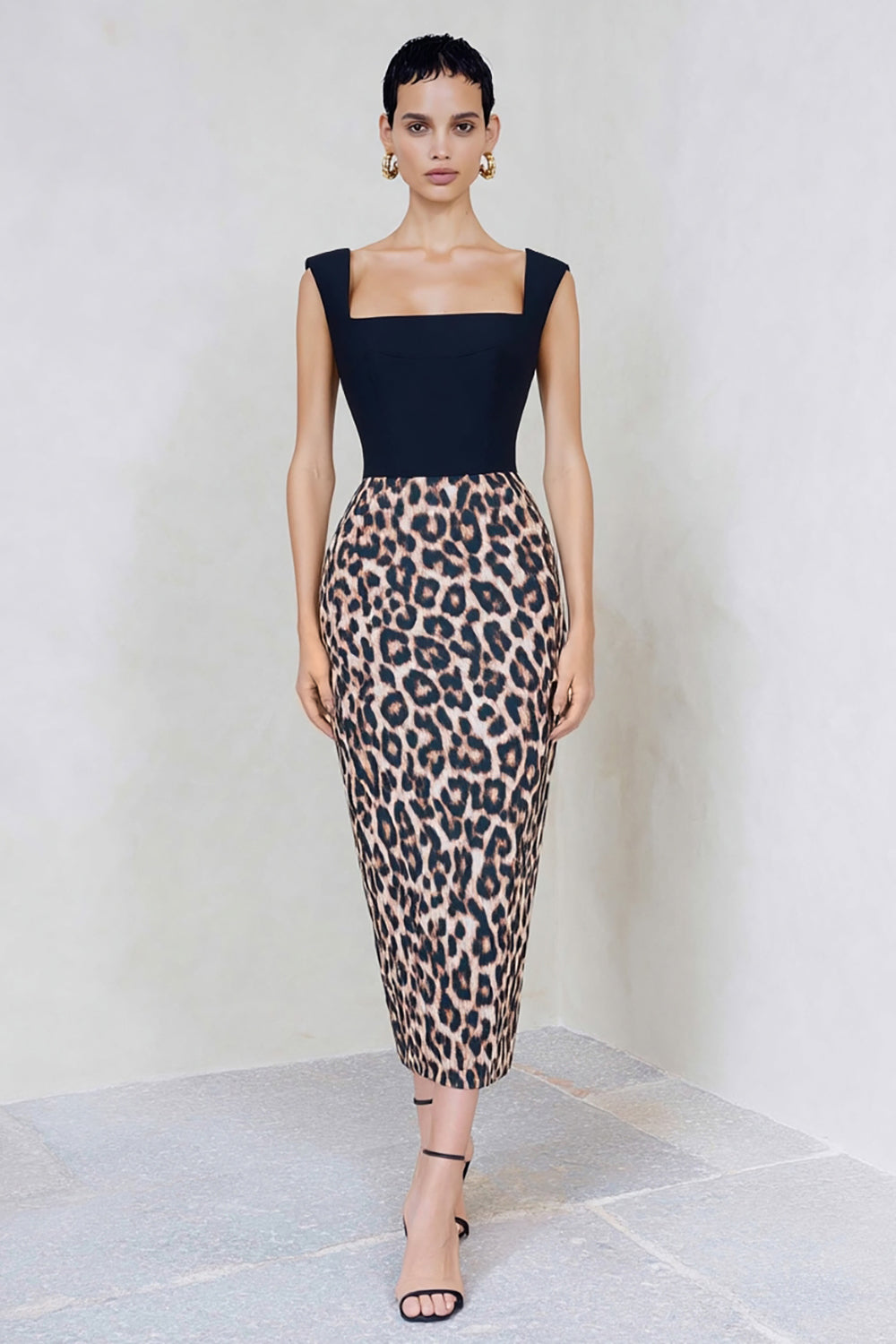Black and Brown Leopard Print Midi Pencil Work Dress