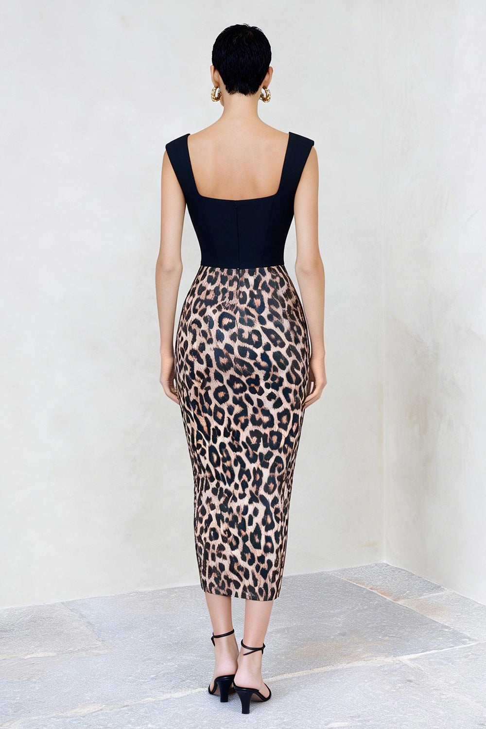 Black and Brown Leopard Print Midi Pencil Work Dress