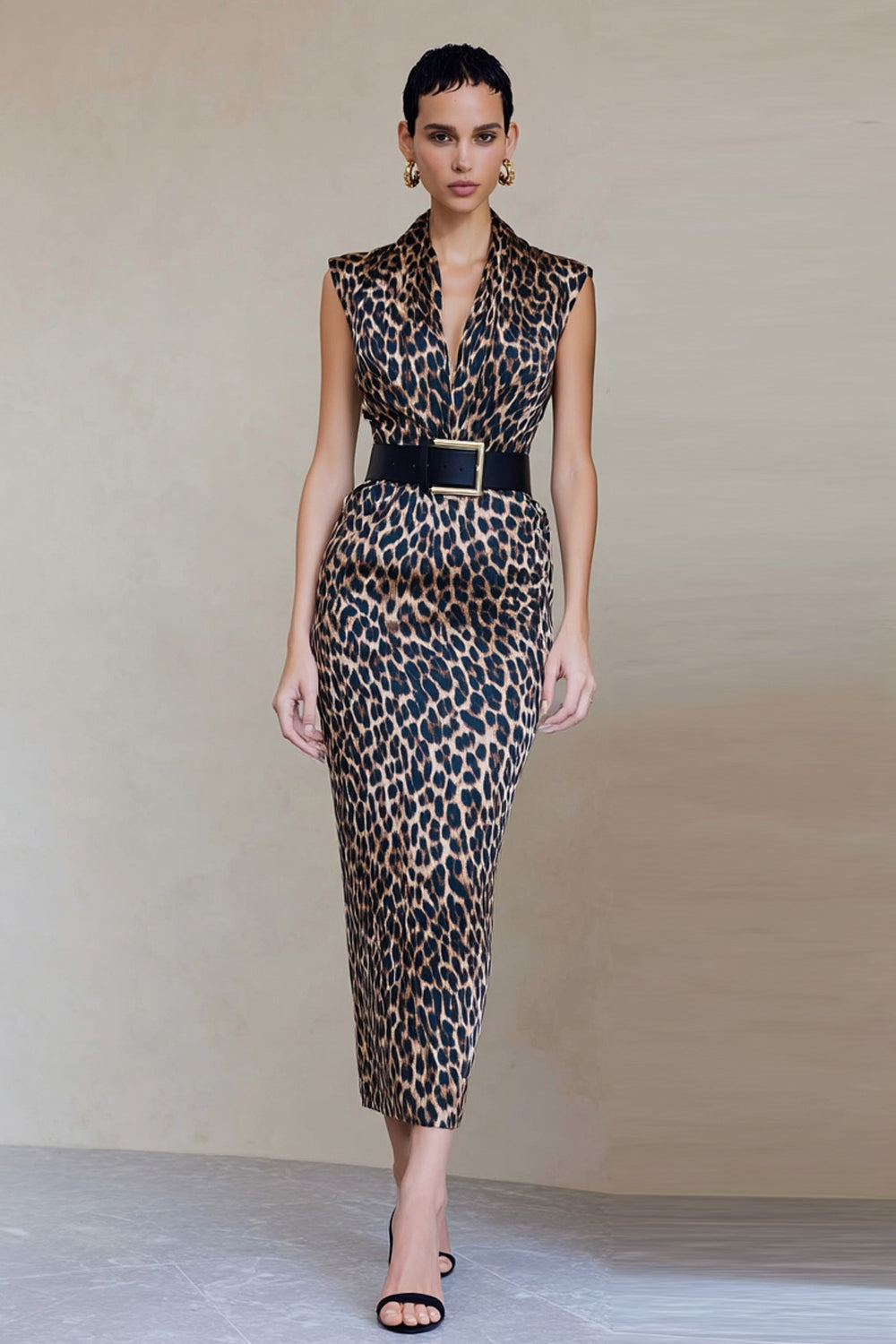 Brown Leopard Print Sheath V-Neck Long Work Dress with Belt
