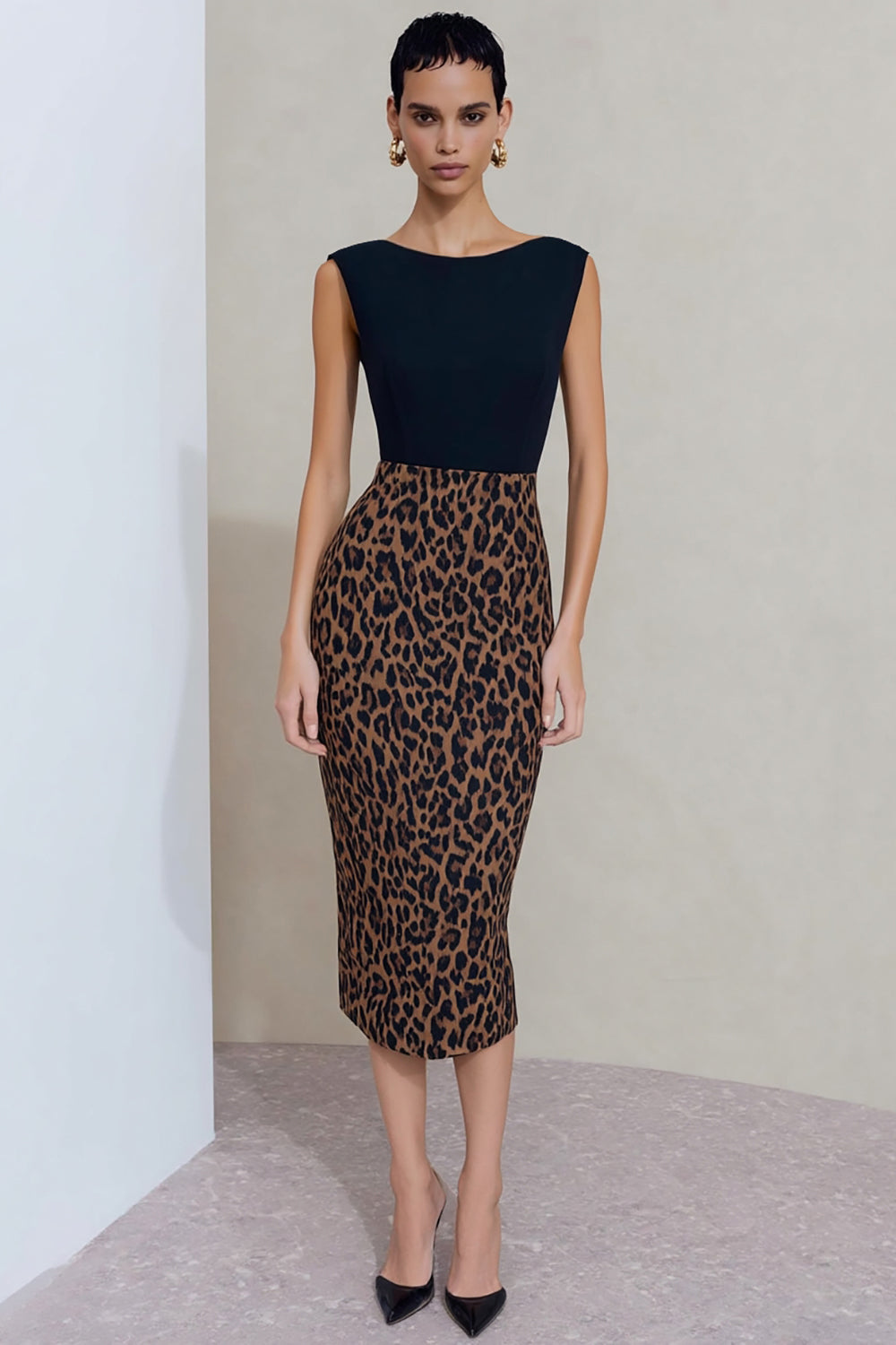 Black and Brown Pencil Midi Leopard Print Work Dress with Slit