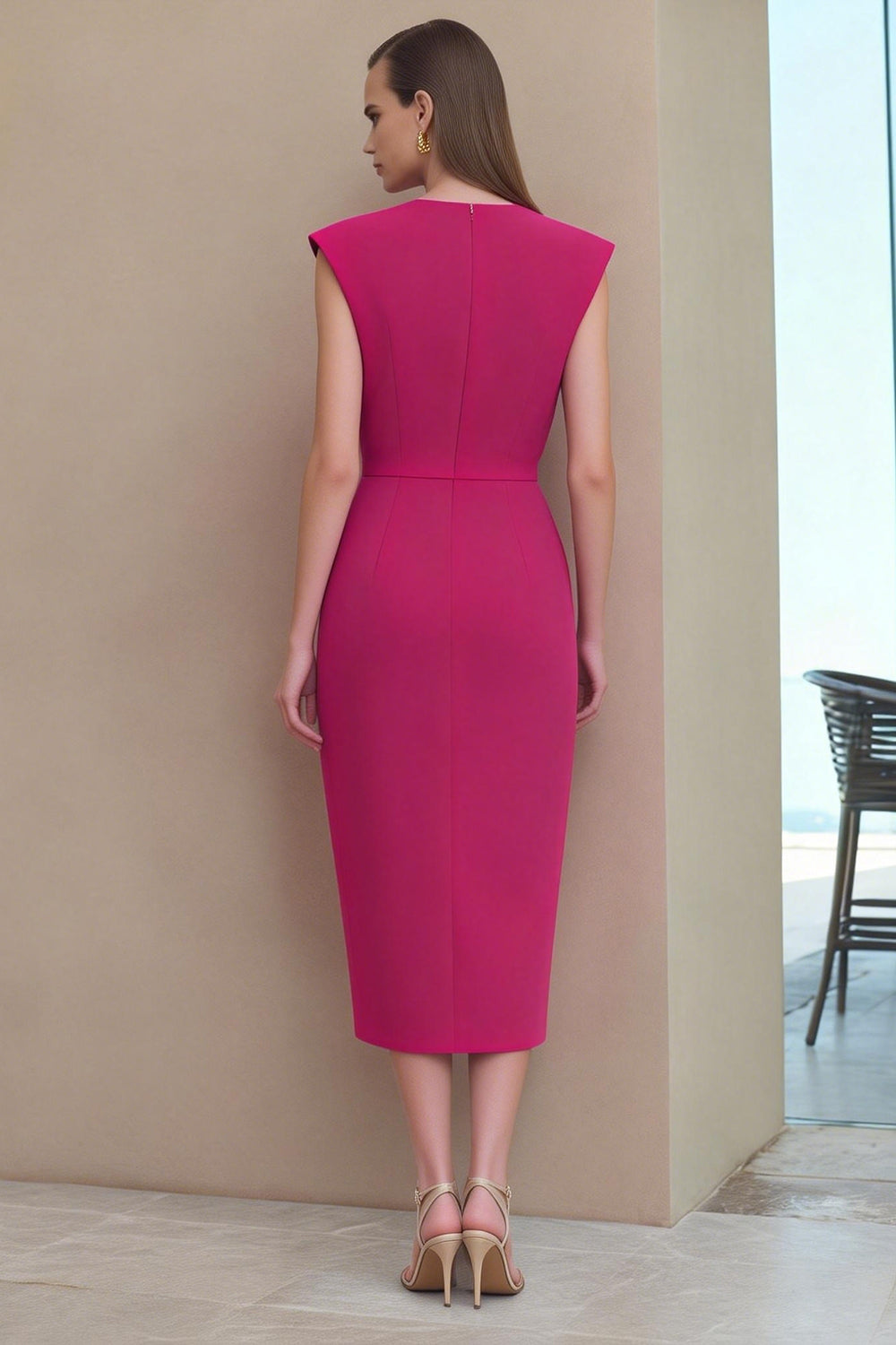 Fuchsia Ruched V-Neck Pencil Midi Work Dress
