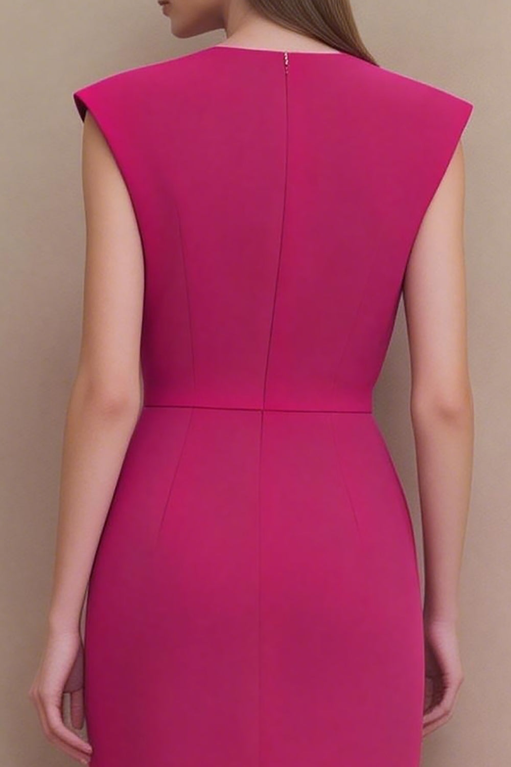 Fuchsia Ruched V-Neck Pencil Midi Work Dress