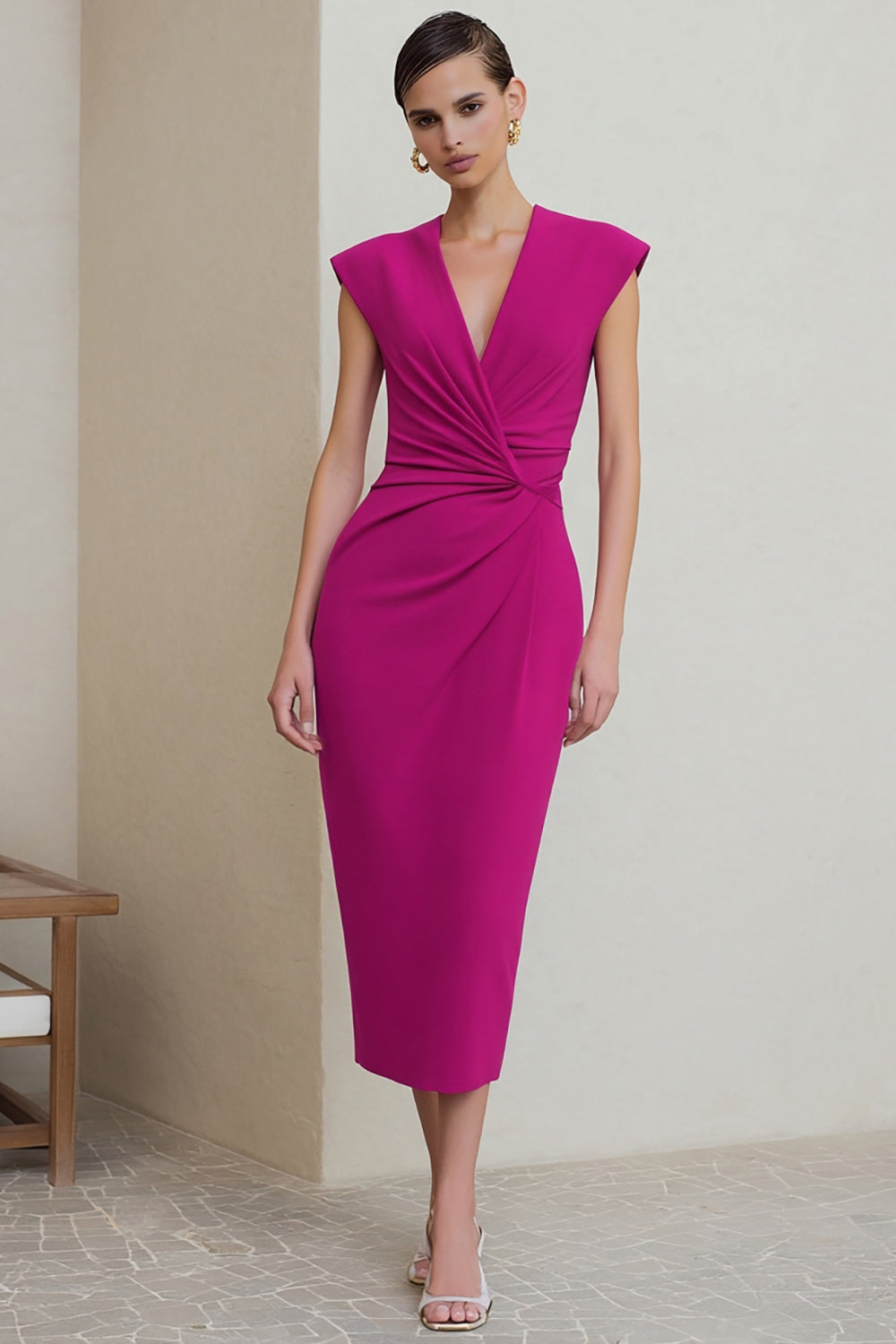 Fuchsia Ruched V-Neck Midi Pencil Work Dress