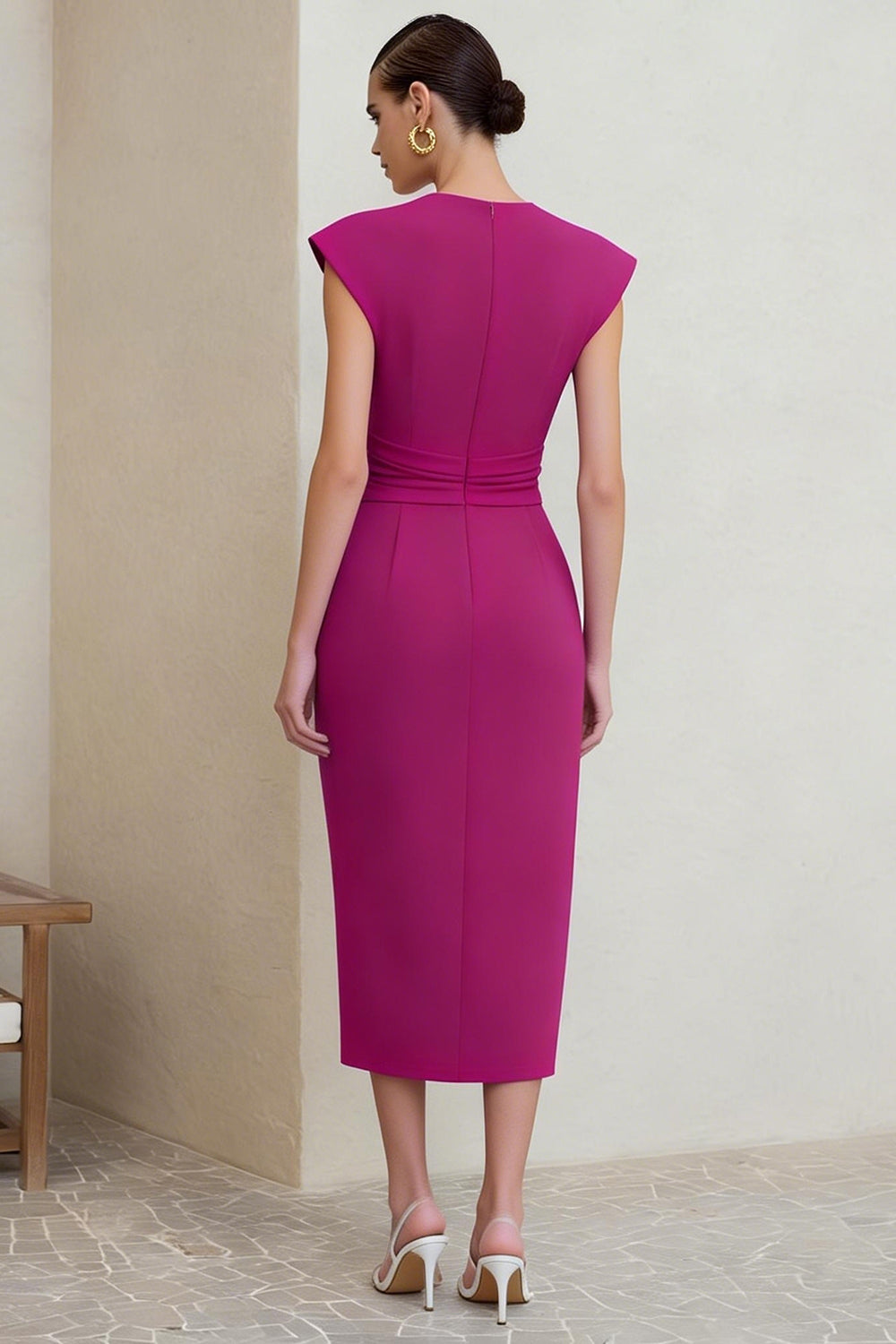 Fuchsia Ruched V-Neck Midi Pencil Work Dress