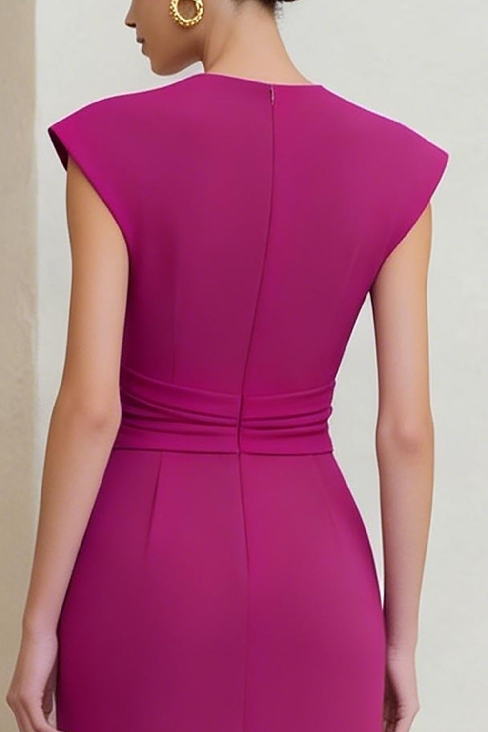 Fuchsia Ruched V-Neck Midi Pencil Work Dress