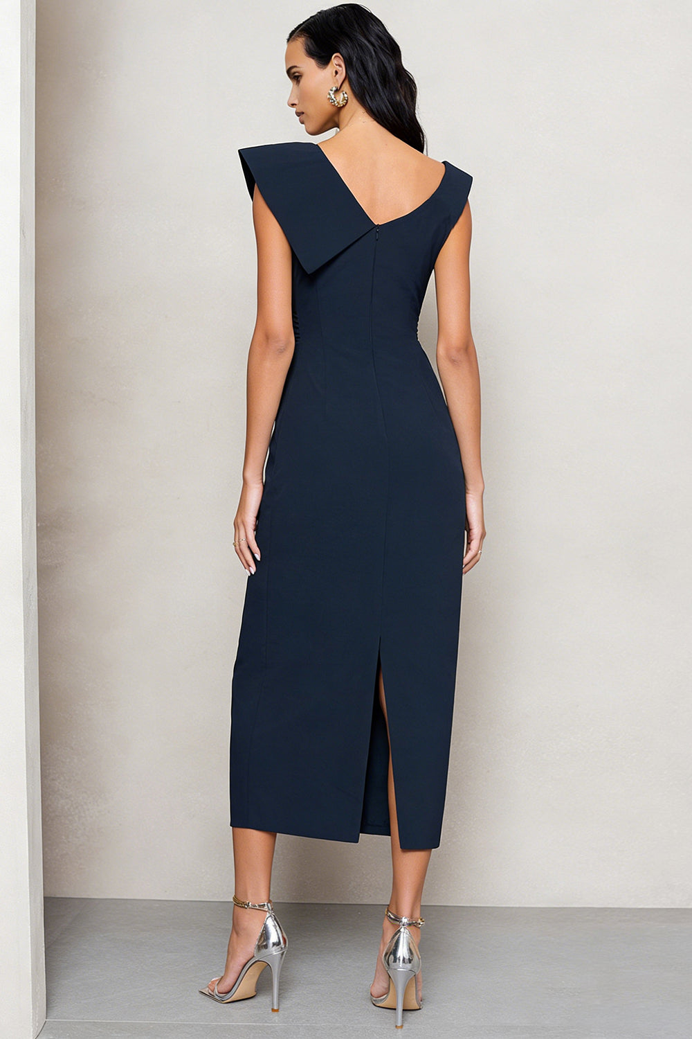 Navy Ruched Asymmetrical Neck Midi Pencil Work Dress with Slit