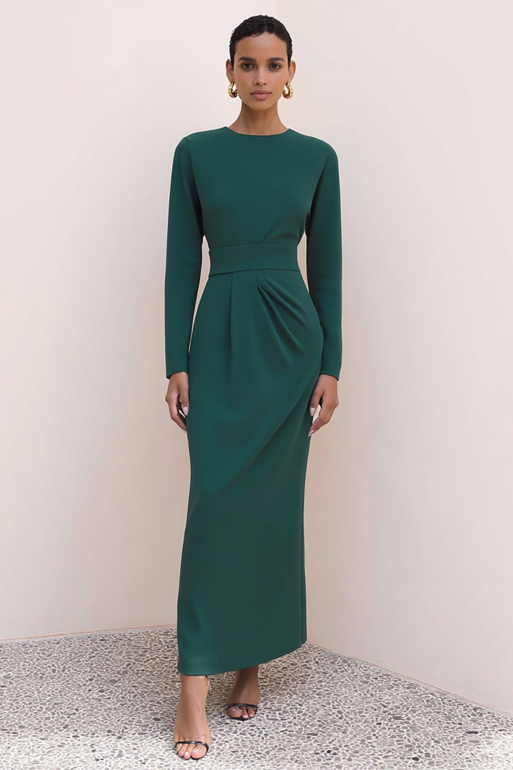 Dark Green Pencil Long Crew Neck Work Dress with Sleeves
