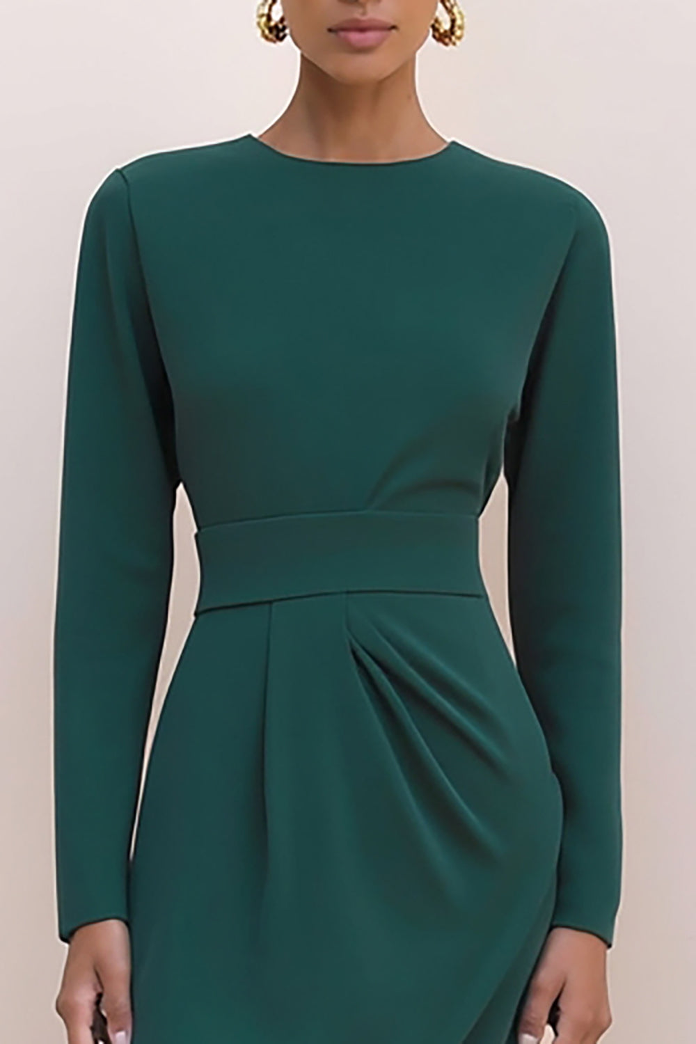 Dark Green Pencil Long Crew Neck Work Dress with Sleeves