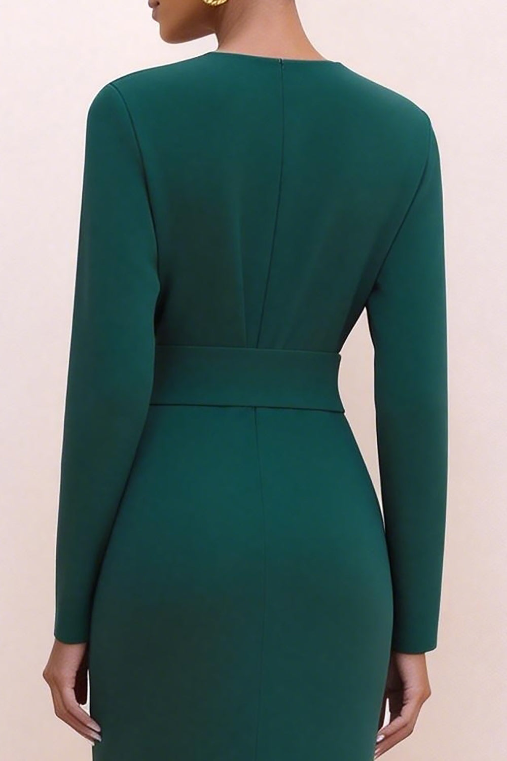 Dark Green Pencil Long Crew Neck Work Dress with Sleeves