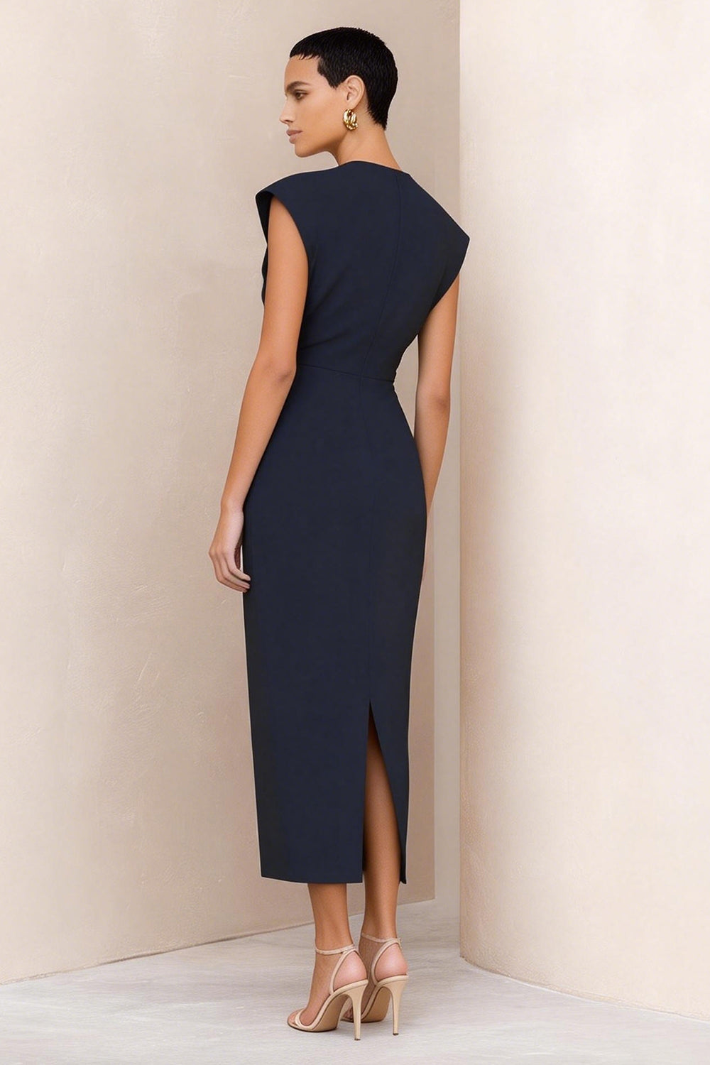 Navy Pencil Round Neck Ruched Midi Work Dress with Slit
