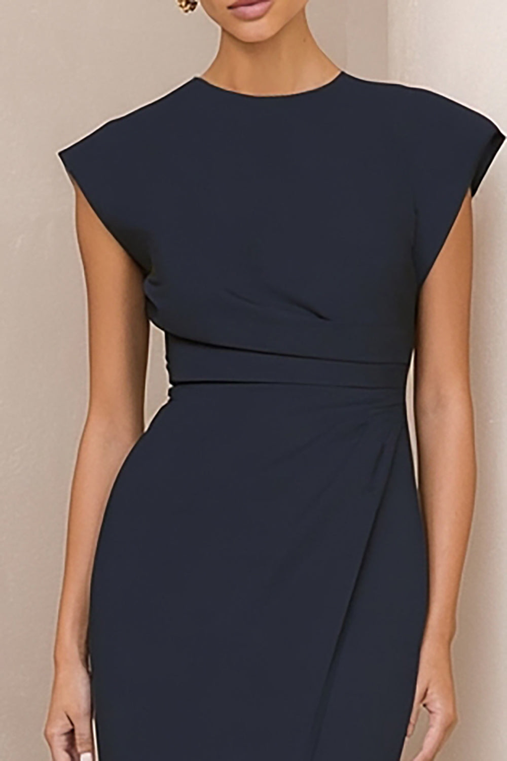 Navy Pencil Round Neck Ruched Midi Work Dress with Slit