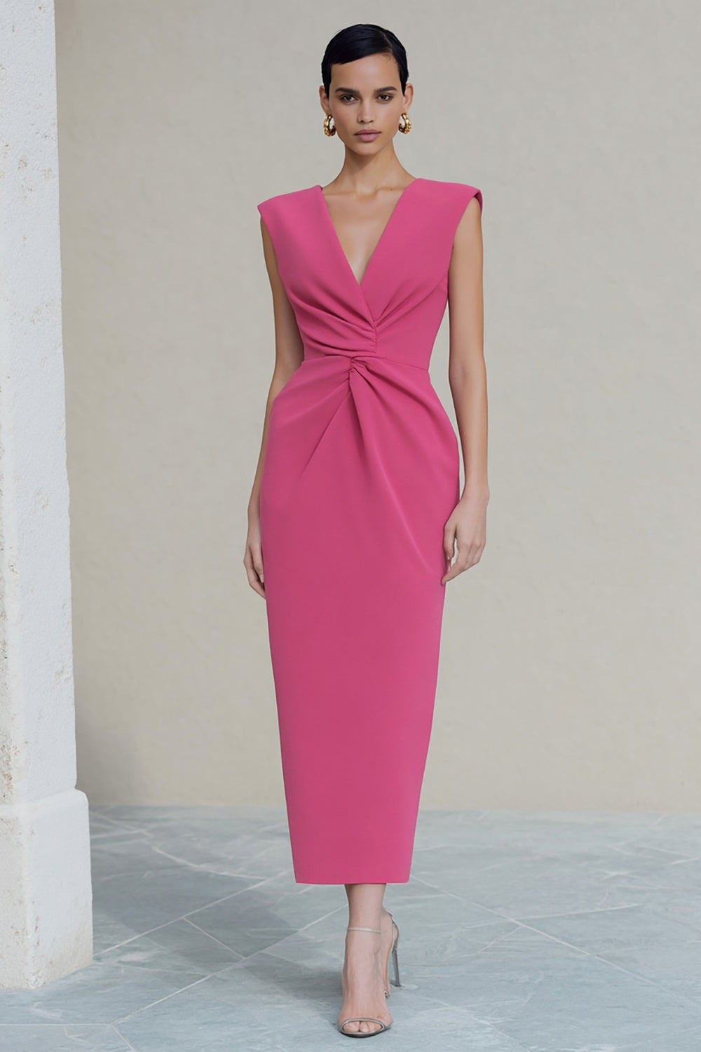 Hot Pink Ruched Pencil V-Neck Long Work Dress with Slit