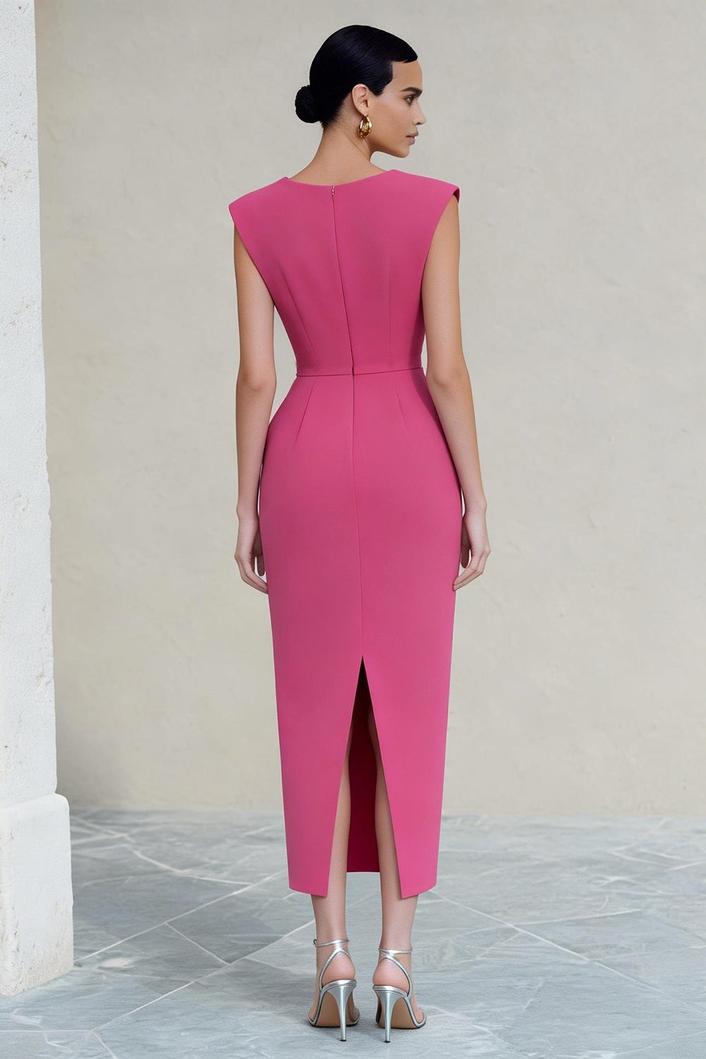 Hot Pink Ruched Pencil V-Neck Long Work Dress with Slit