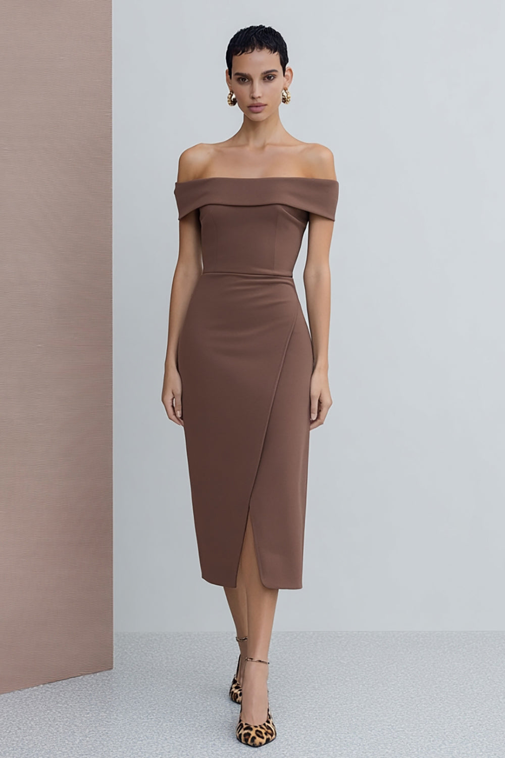 Brown Pencil Off the Shoulder Midi Work Dress with Slit