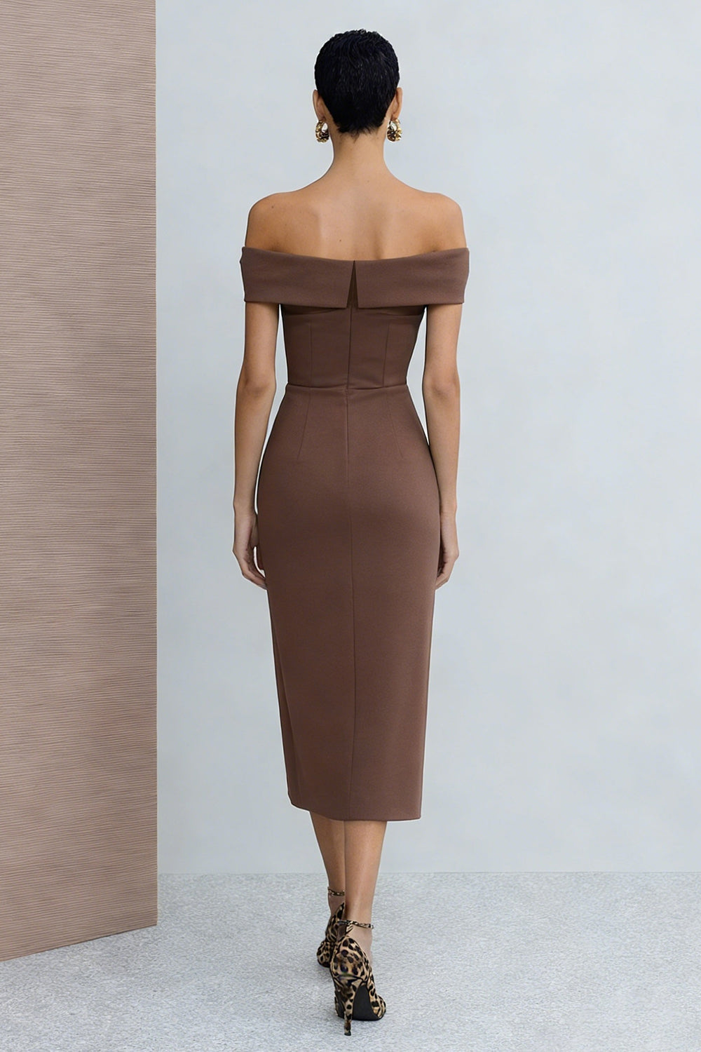 Brown Pencil Off the Shoulder Midi Work Dress with Slit