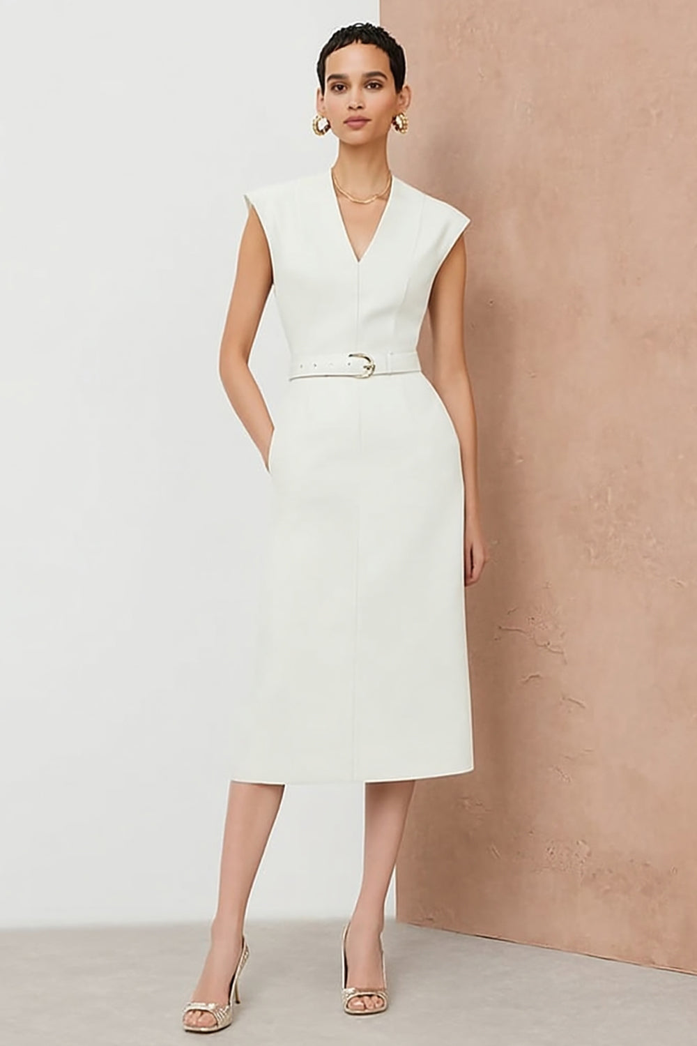 White V-Neck Midi Pencil Work Dress with Belt
