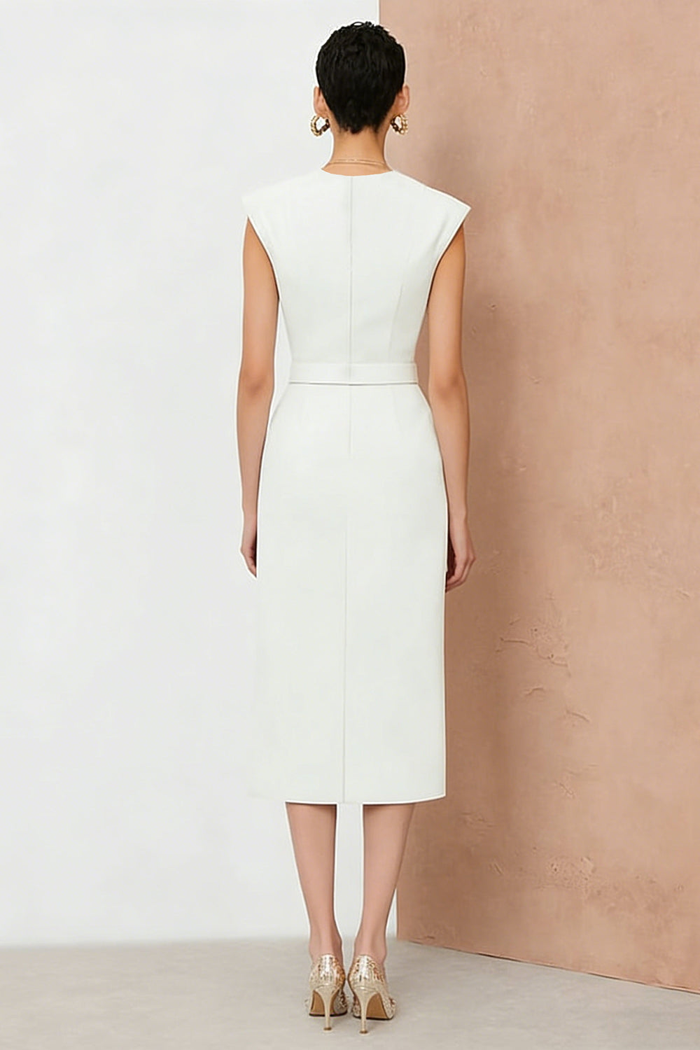 White V-Neck Midi Pencil Work Dress with Belt