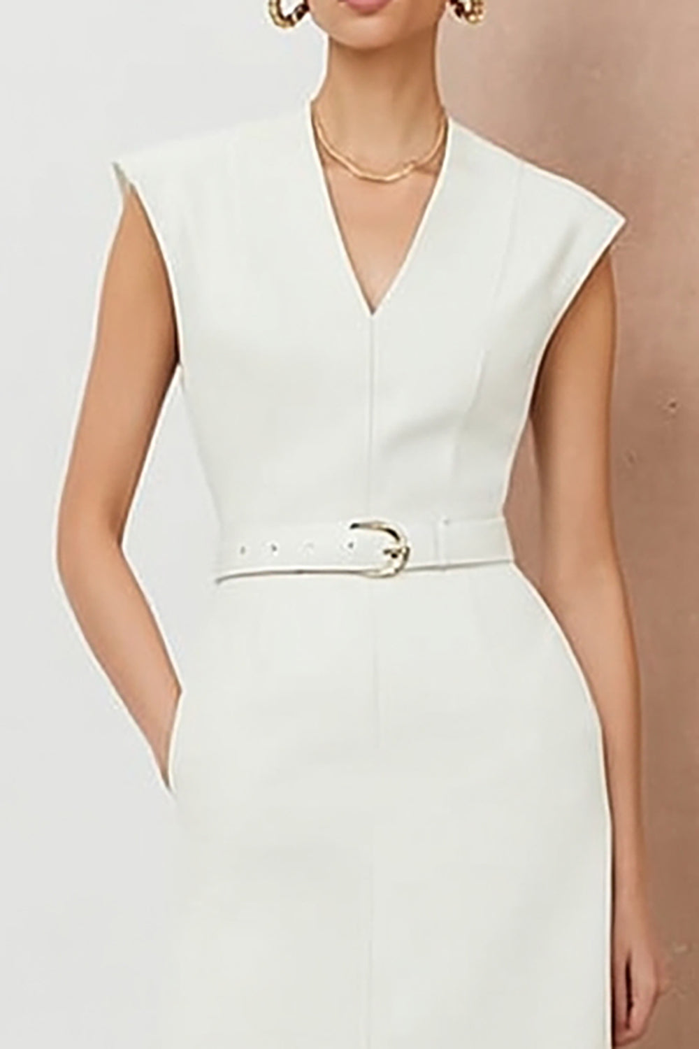 White V-Neck Midi Pencil Work Dress with Belt