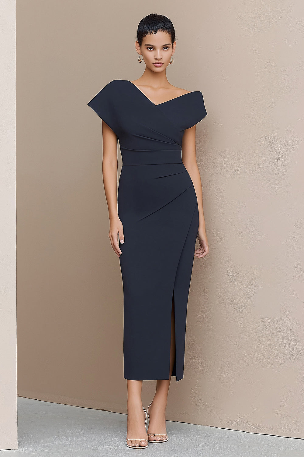 Navy Pencil Ruched Asymmetrical Neck Long Work Dress