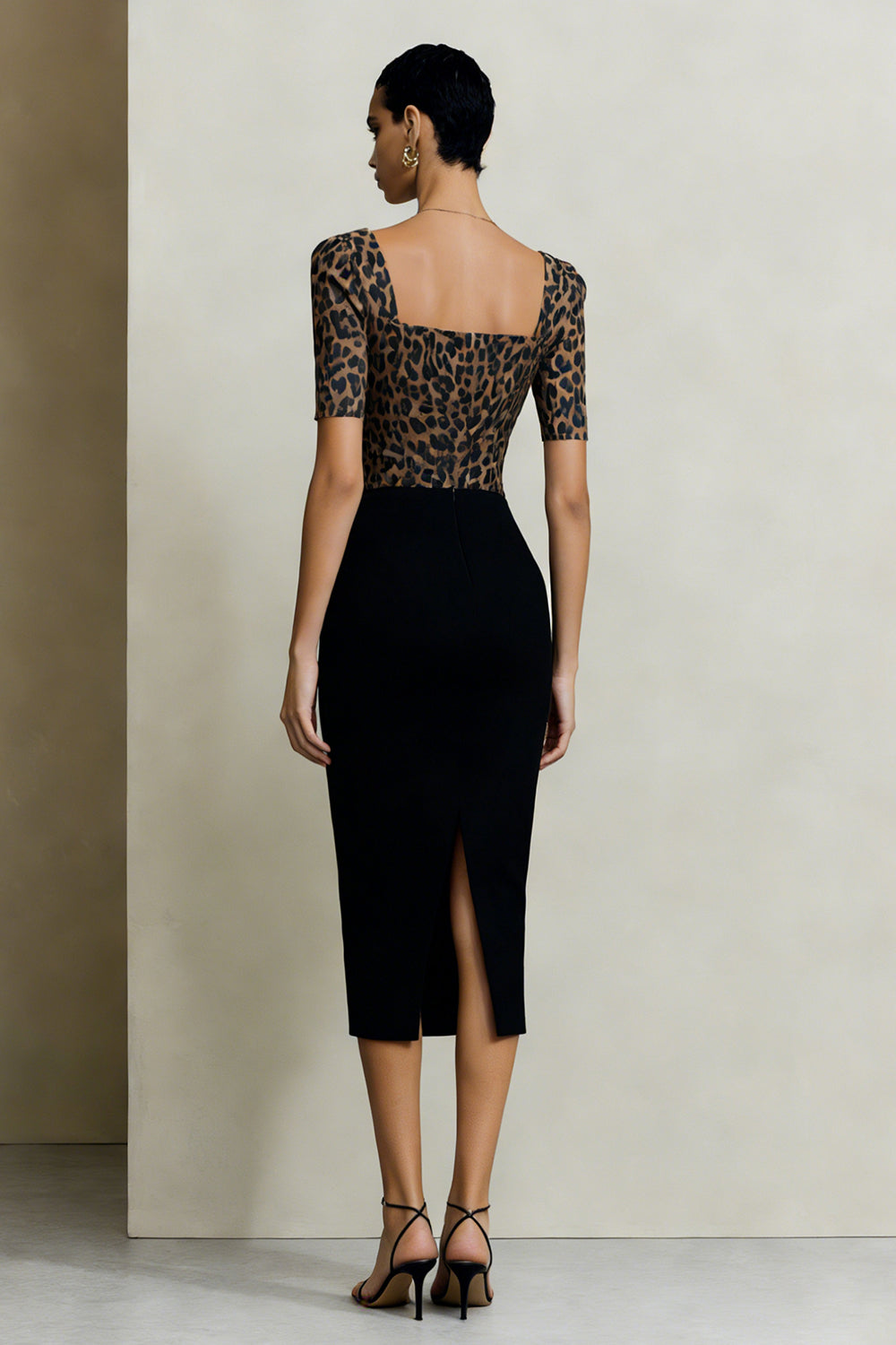 Black and Brown Square Neck Midi Leopard Print Work Dress