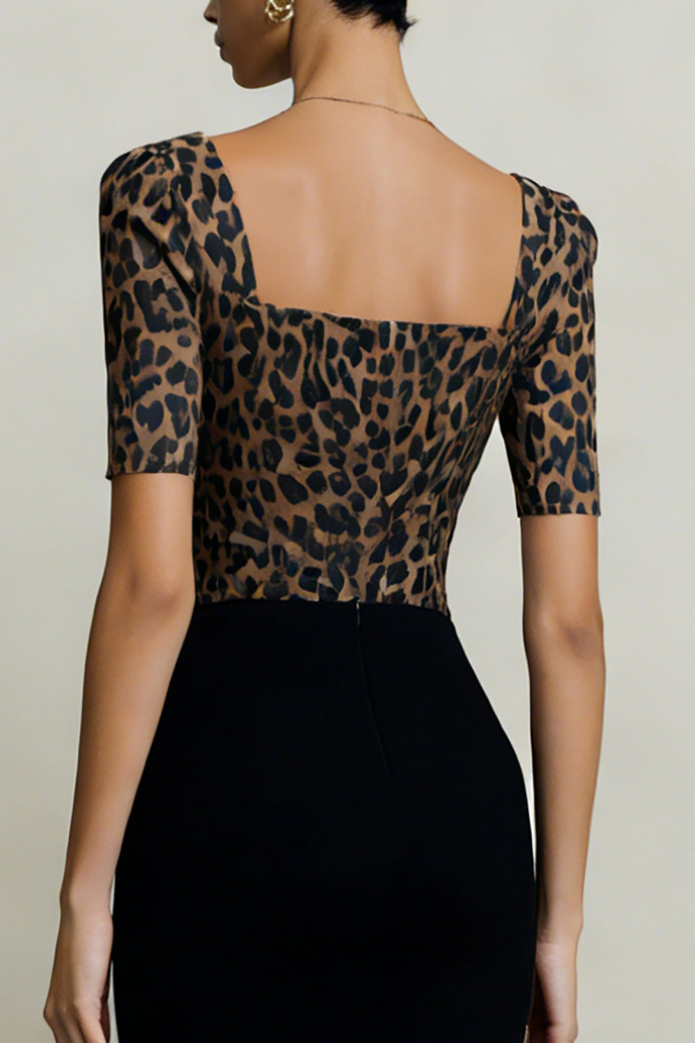 Black and Brown Square Neck Midi Leopard Print Work Dress