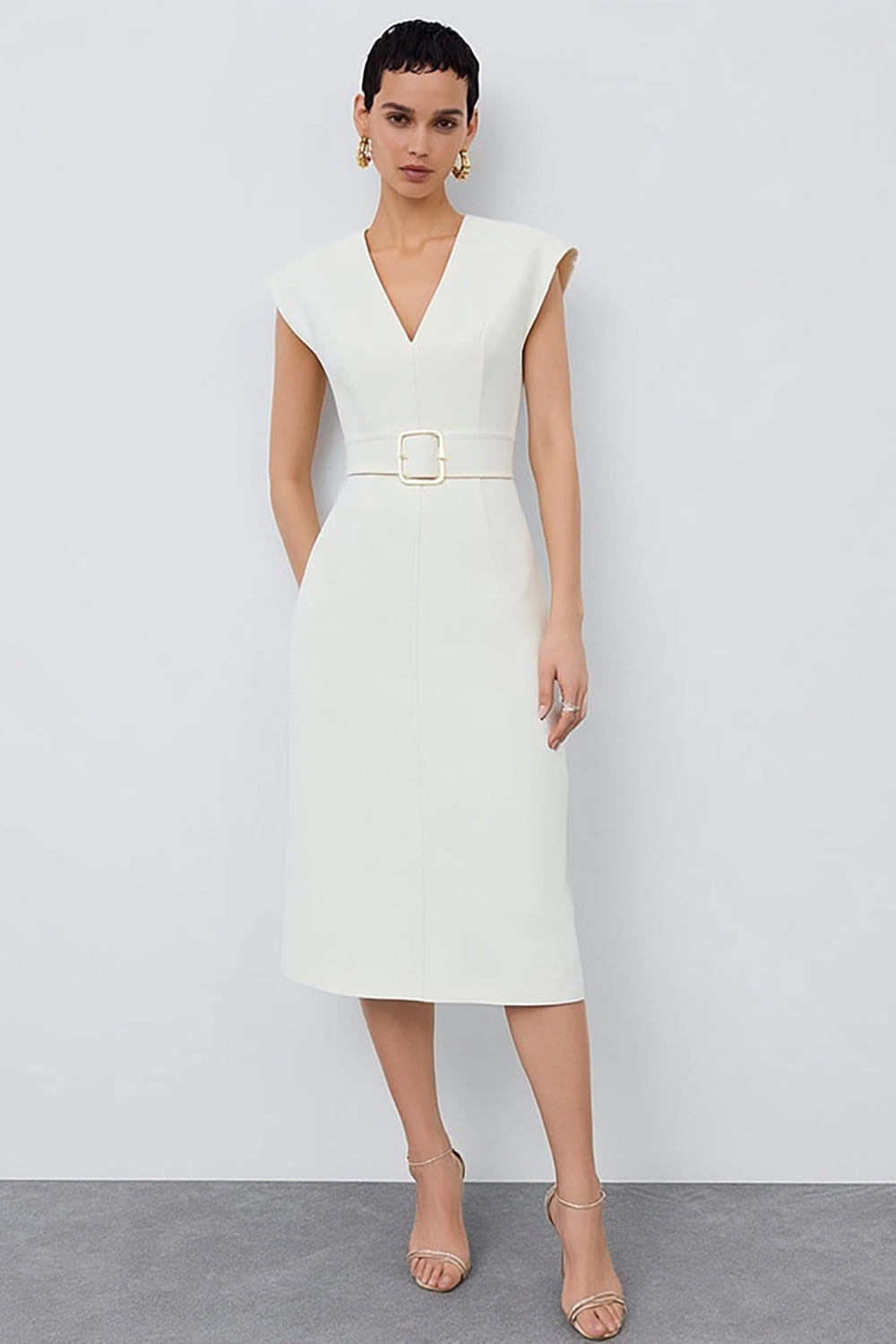 Ivory Cap Sleeves V-Neck Midi Pencil Work Dress with Belt
