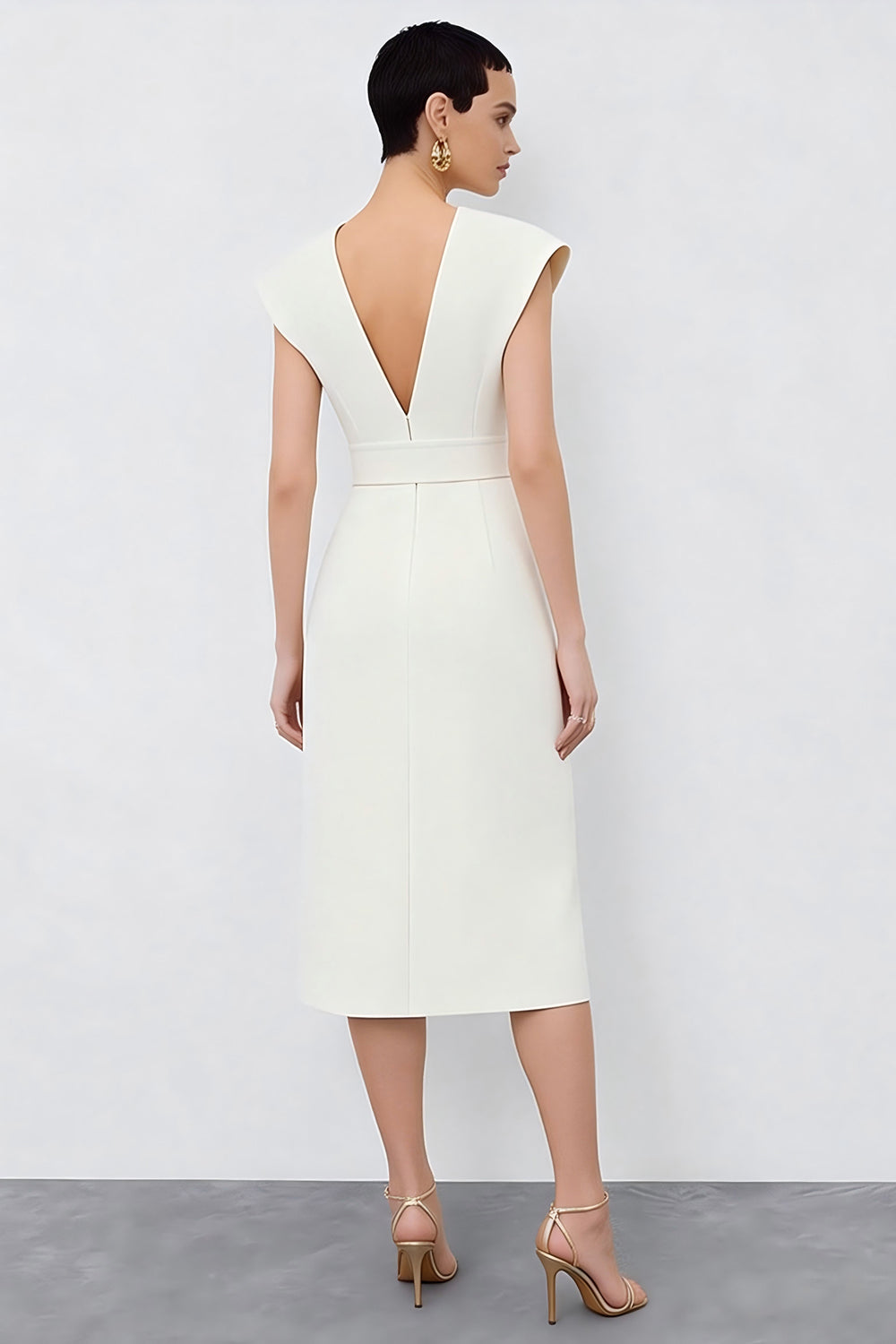 Ivory Cap Sleeves V-Neck Midi Pencil Work Dress with Belt