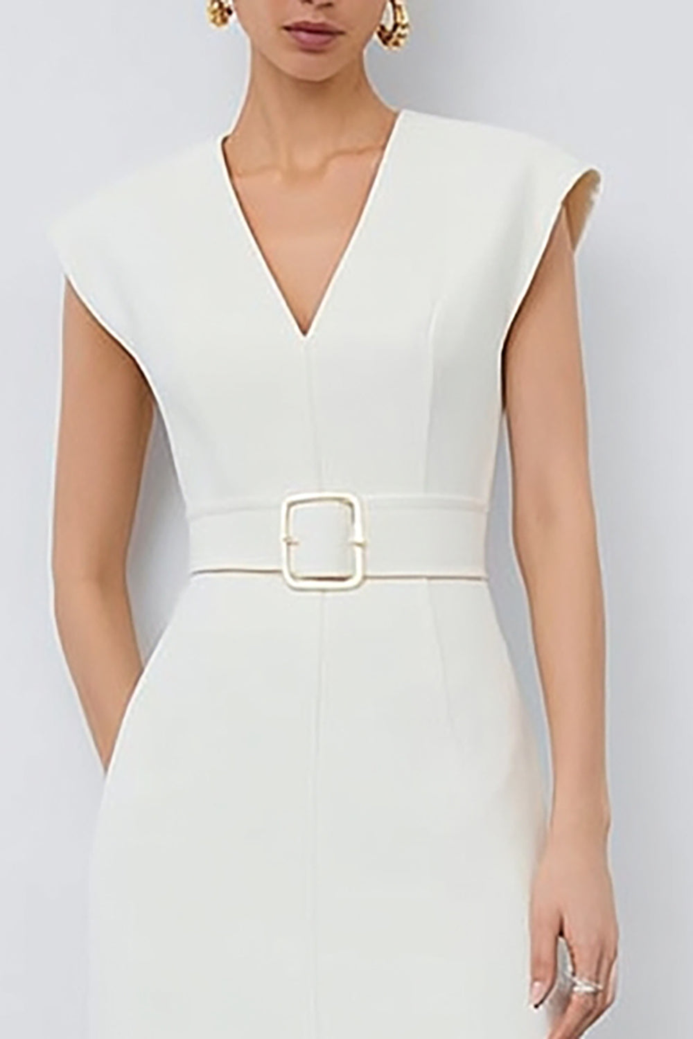 Ivory Cap Sleeves V-Neck Midi Pencil Work Dress with Belt