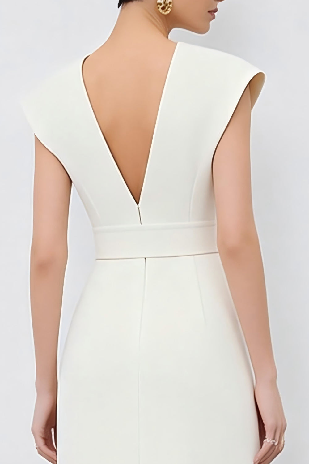 Ivory Cap Sleeves V-Neck Midi Pencil Work Dress with Belt