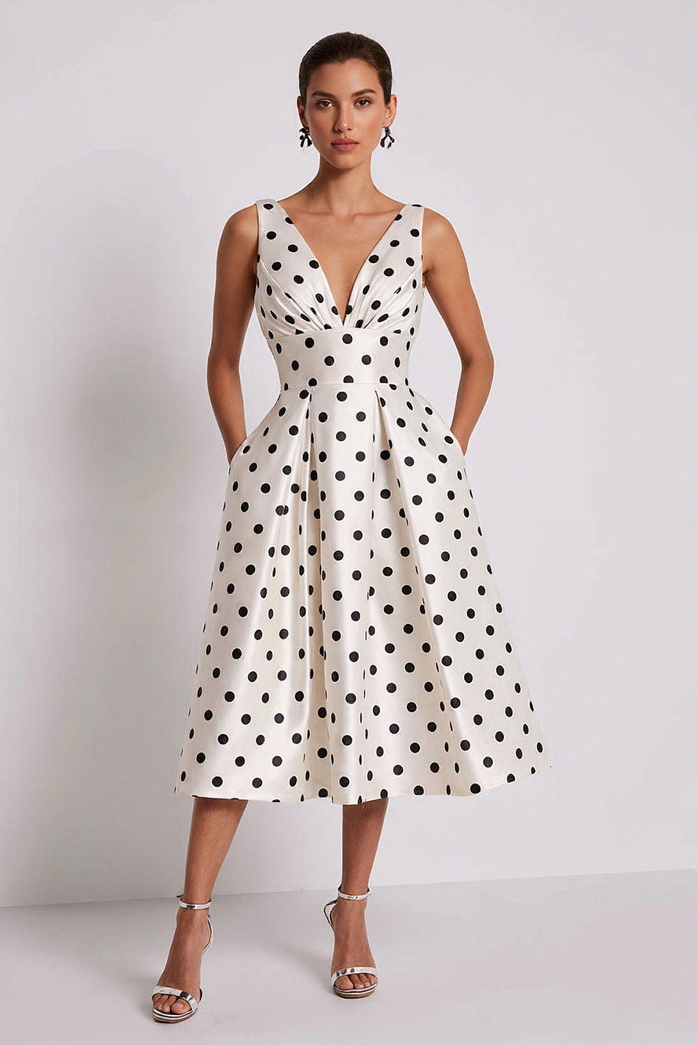 White and Black A Line Polka Dots Midi Work Dress