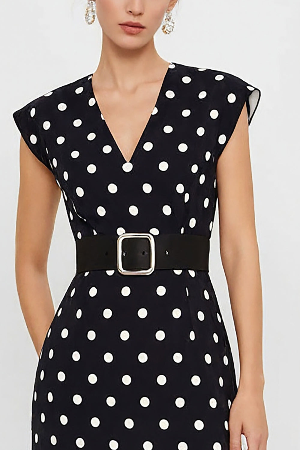 White and Black Pencil Polka Dots Midi Work Dress with Belt
