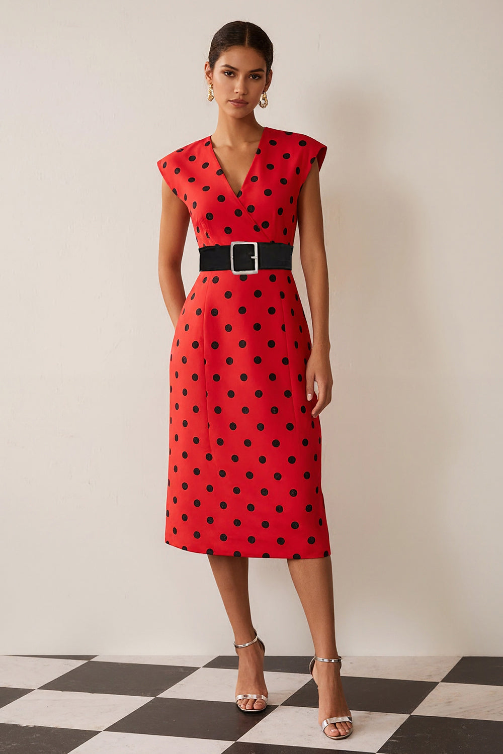 White and Black Pencil Polka Dots Midi Work Dress with Belt