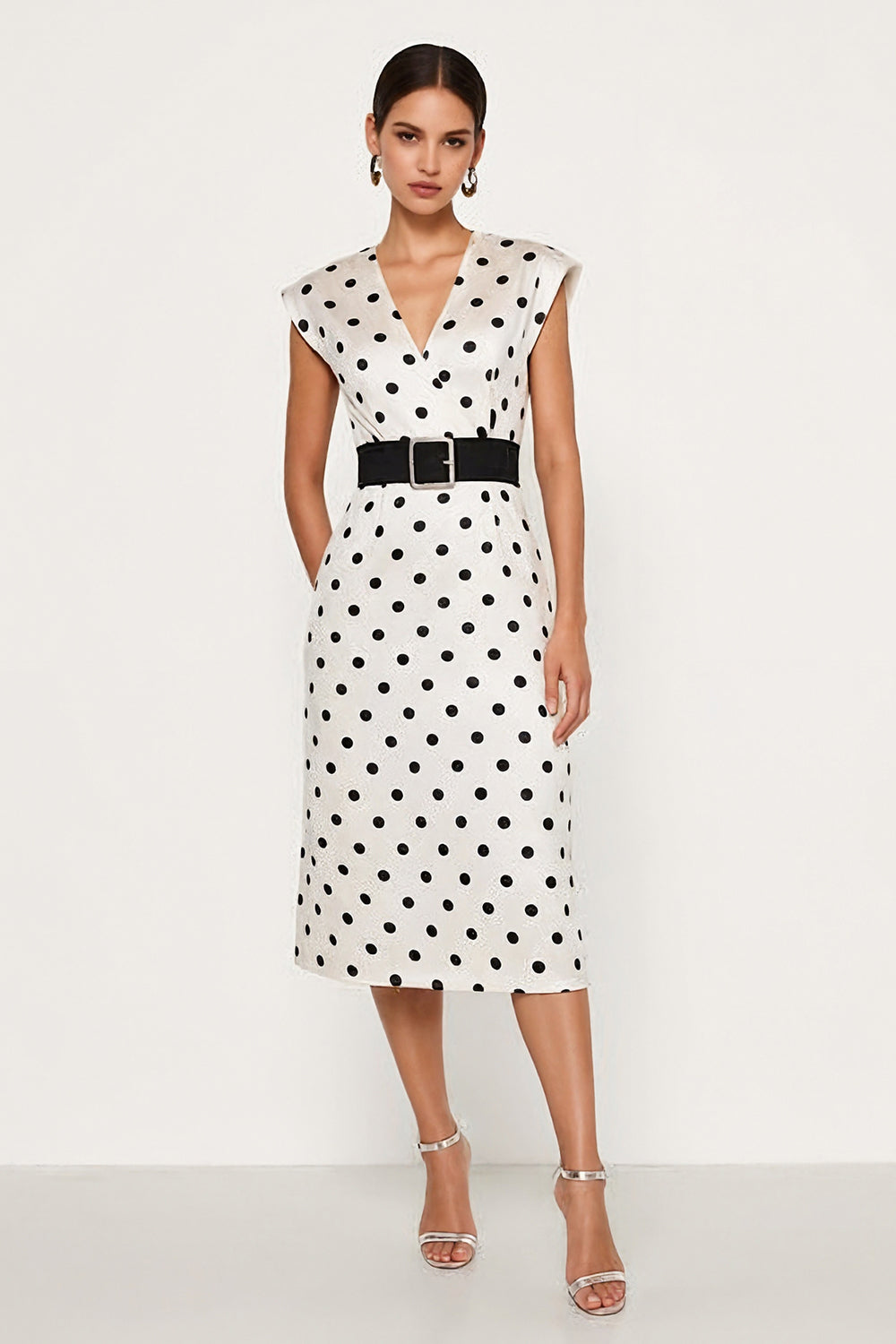 White and Black Pencil Polka Dots Midi Work Dress with Belt