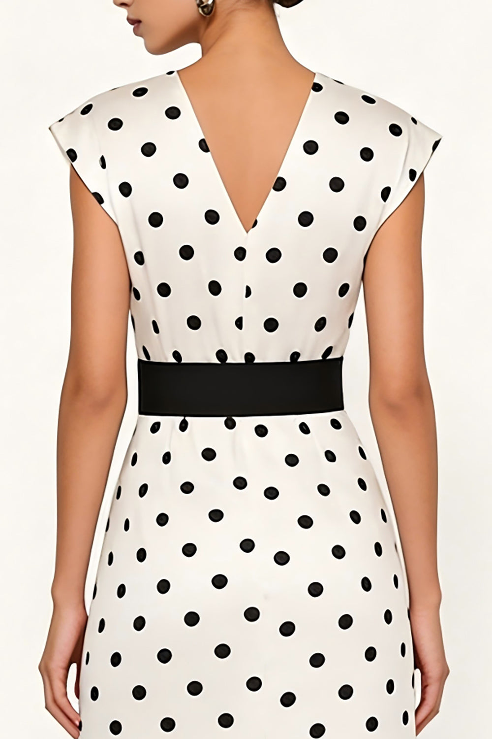 White and Black Pencil Polka Dots Midi Work Dress with Belt