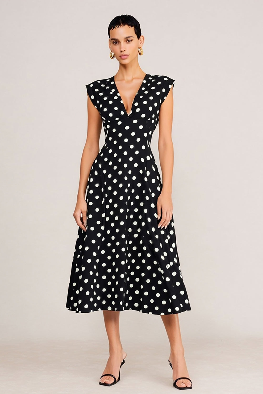 Black and White V-Neck Polka Dots Midi A Line Work Dress