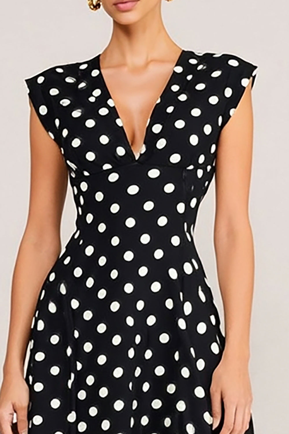 Black and White V-Neck Polka Dots Midi A Line Work Dress