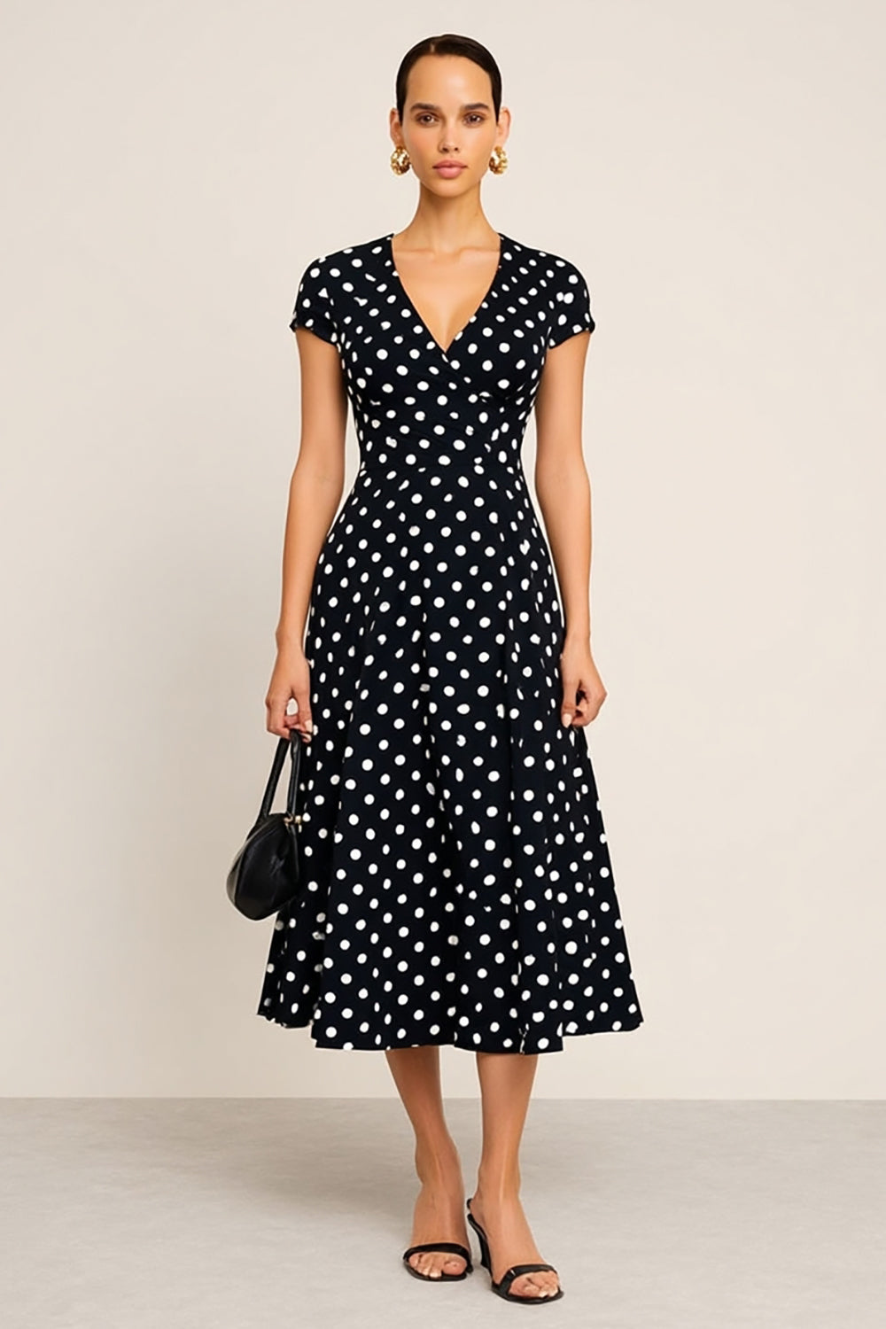 Black and White V-Neck Polka Dots Short Sleeves Work Dress