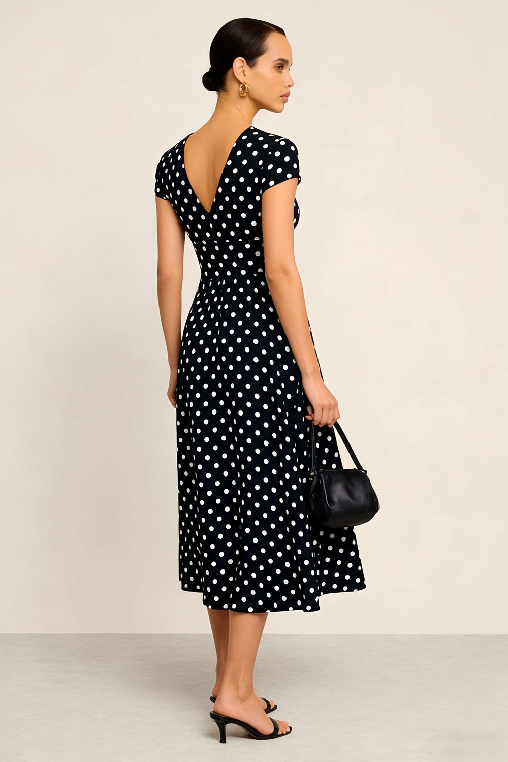 Black and White V-Neck Polka Dots Short Sleeves Work Dress
