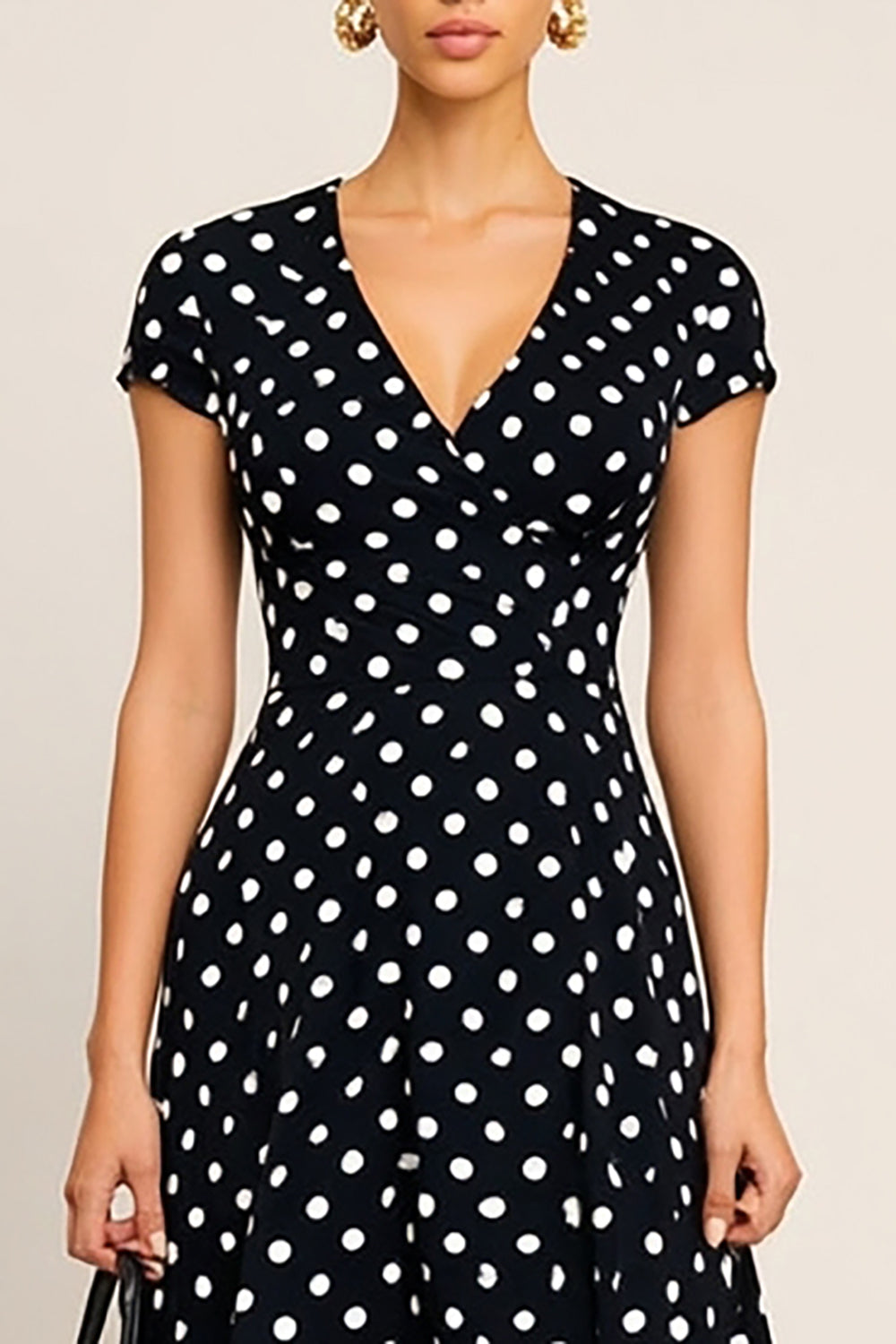 Black and White V-Neck Polka Dots Short Sleeves Work Dress
