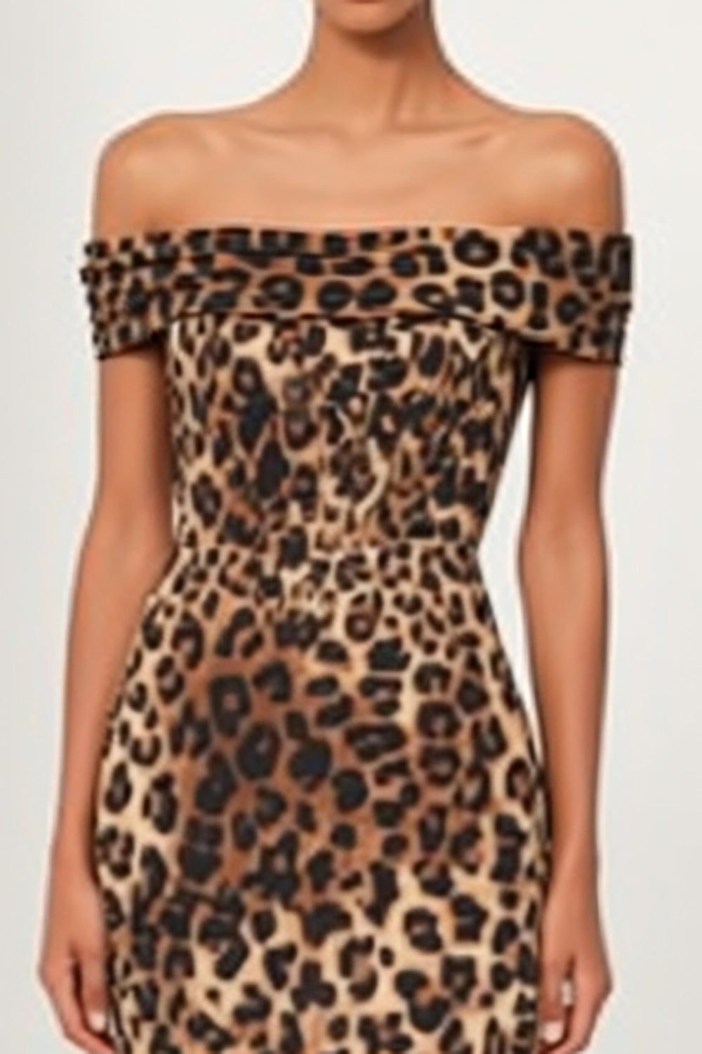 Brown Leopard Print Pencil Off the Shoulder Midi Work Dress with Slit