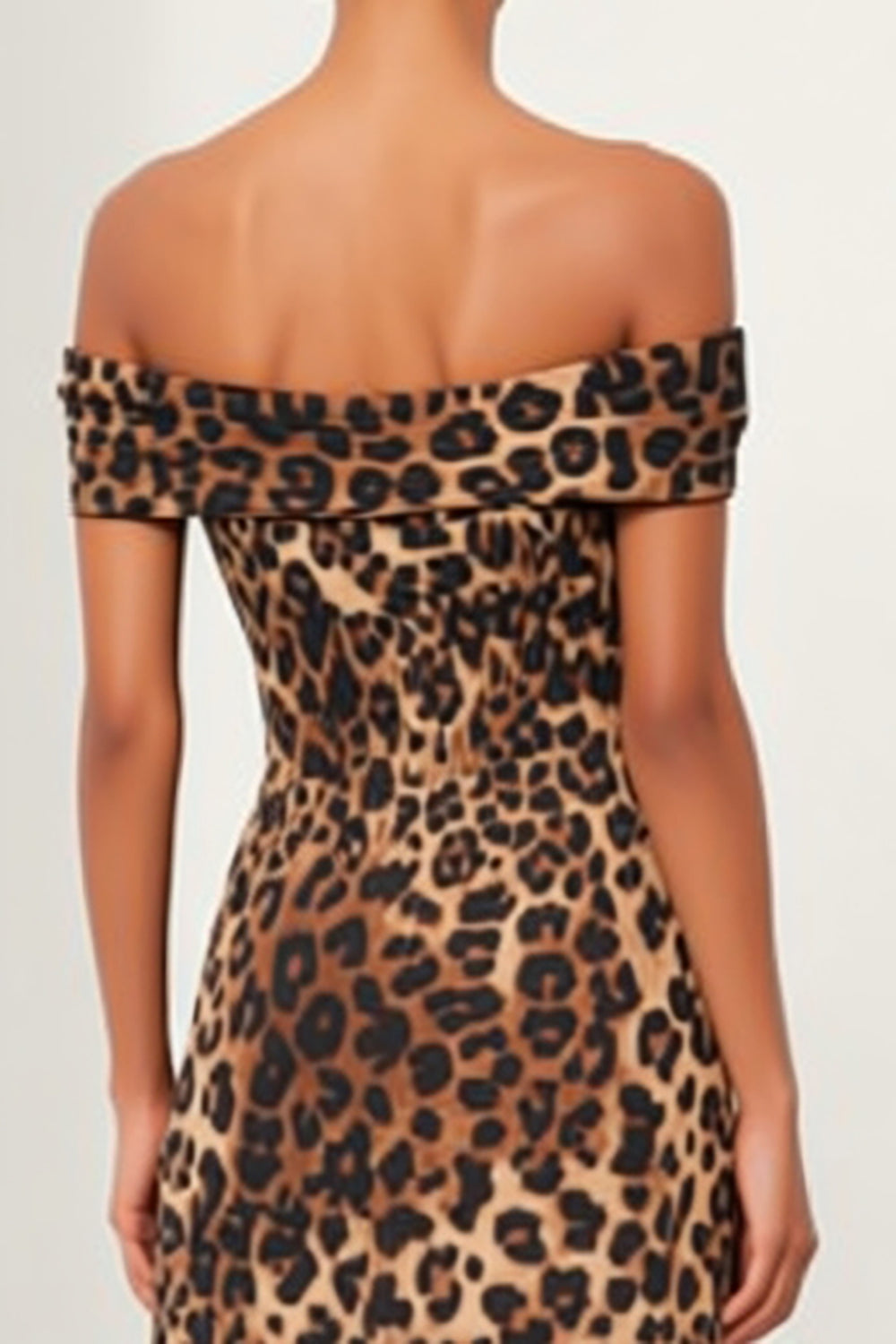 Brown Leopard Print Pencil Off the Shoulder Midi Work Dress with Slit